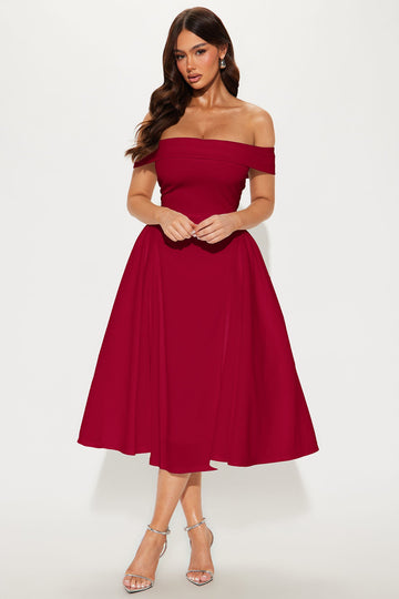 Yara Off Shoulder Midi Dress - Red
