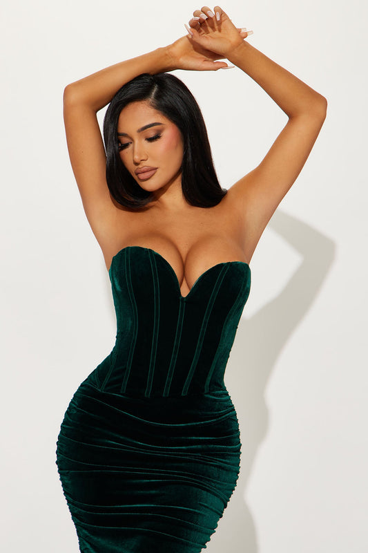 Falling For You Velvet Maxi Dress - Hunter