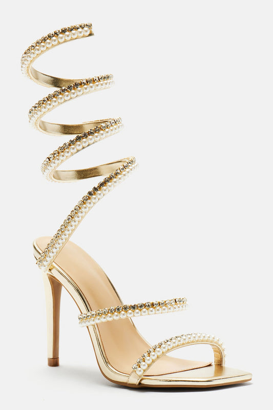 Maeve Embellished Pearl Wrap Up Heels - Gold