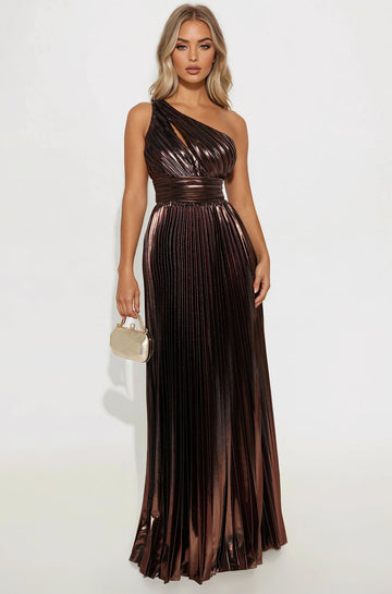 Serena Pleated Metallic Maxi Dress - Brown