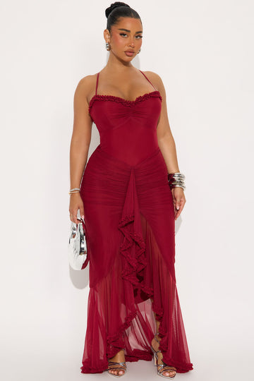 Danika Ruched Mesh Maxi Dress - Wine