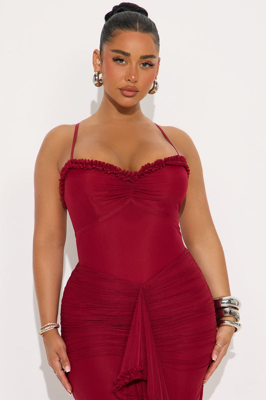 Danika Ruched Mesh Maxi Dress - Wine