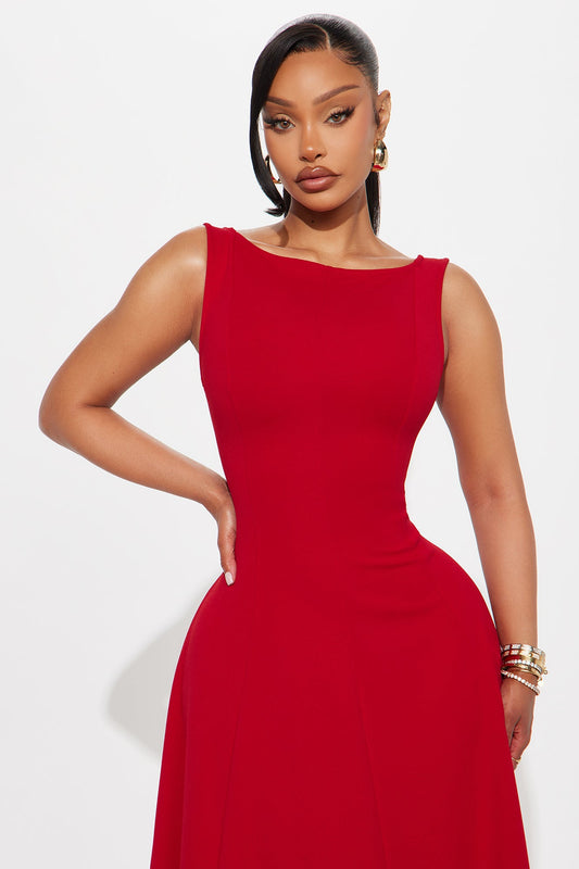 Sweet Sunday Knit Crepe Midi Dress - Red