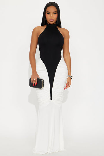 Erin Contrast Ruched Maxi Dress - Black/White