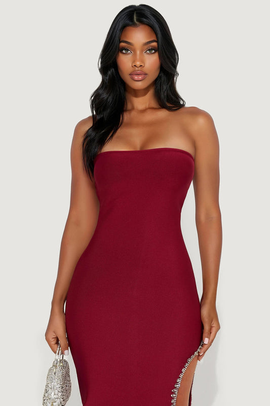 Champagne Elegance Bandage Midi Dress - Wine