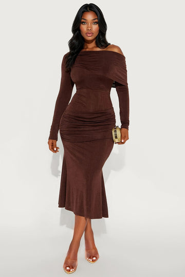 Talk Much Draped Midi Dress - Chocolate