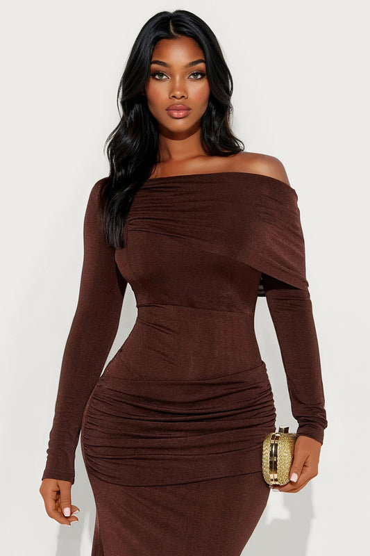 Talk Much Draped Midi Dress - Chocolate
