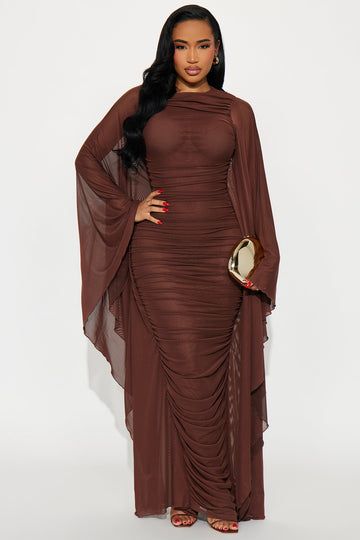 Rocca Mesh Ruched Maxi Gown - Chocolate