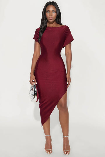 Serene Escape Stretch Shine Midi Dress - Burgundy