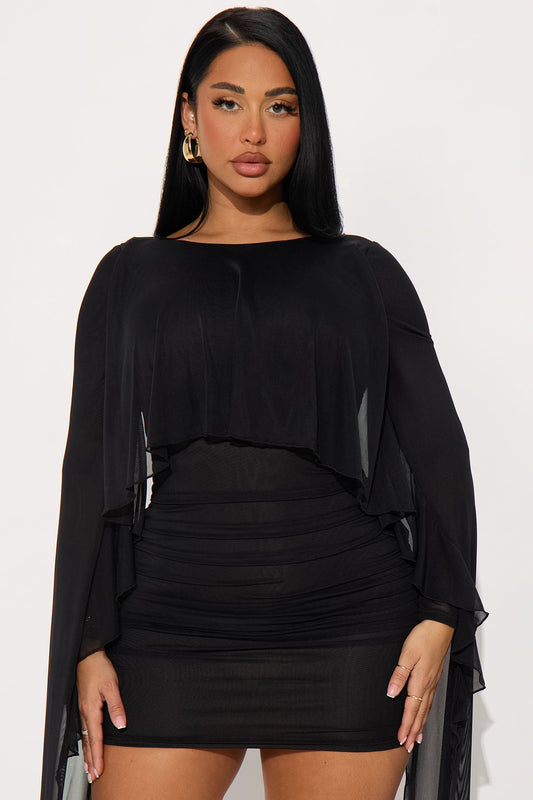 Chloe Cape Mesh Mini Dress - Black