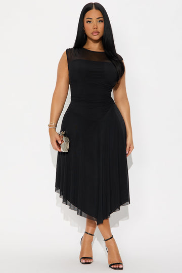 Ayla Asymmetrical Mesh Midi Dress - Black