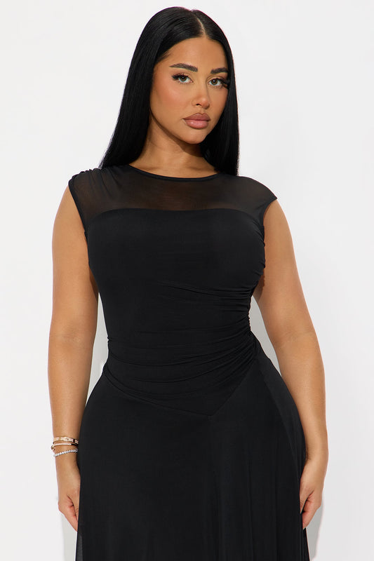 Ayla Asymmetrical Mesh Midi Dress - Black