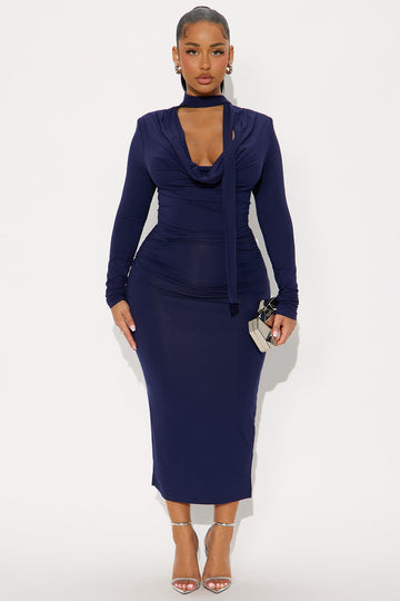 On Rehearsal Long Sleeve Cowl Neck Midi Dress - Navy