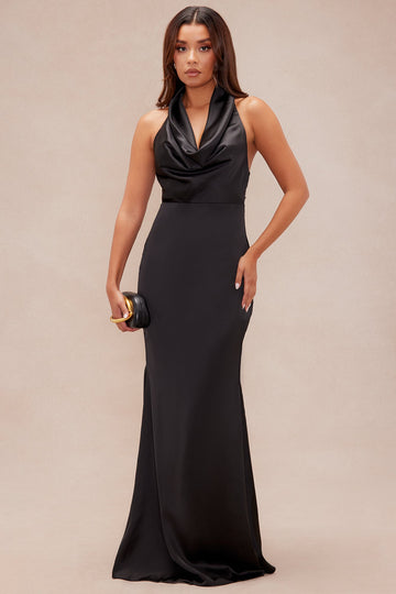 Laena Satin Draped Maxi Dress - Black