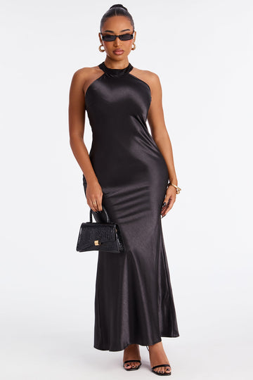 She's Graceful Satin Maxi Dress - Black