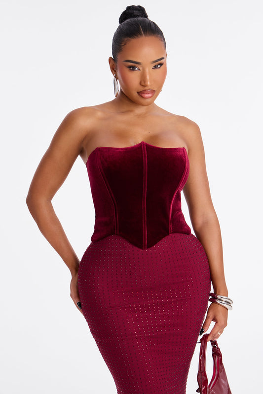 Keep Guessing Velvet Corset Maxi Gown - Burgundy