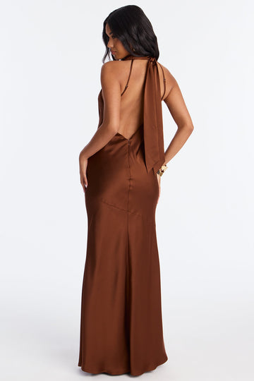 Love Drip Satin Maxi Dress - Brown
