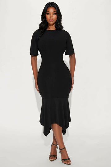 Audrina Asymmetrical Mermaid Midi Dress - Black