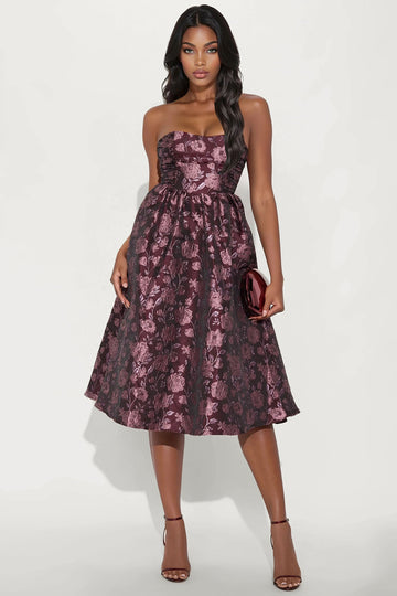 Sweet Like Me Glitter Floral Taffeta Midi Dress - Plum