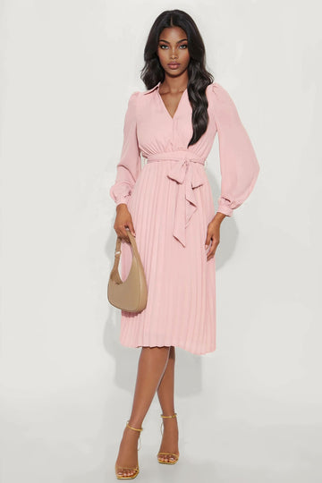 Ariella Tie Waist Pleated Midi Dress - Mauve