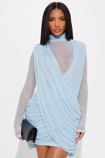 Ambra Draped Mesh Mini Dress - Dusty Blue