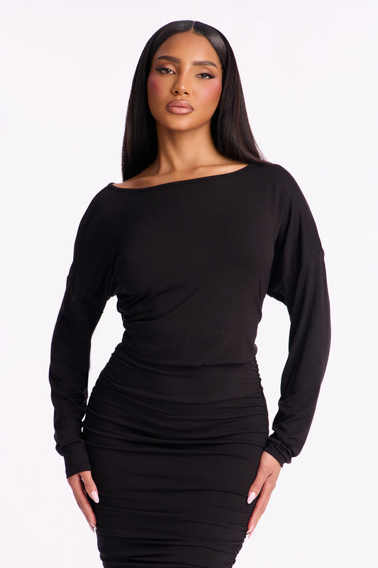 Hensley Ruched Midi Dress - Black