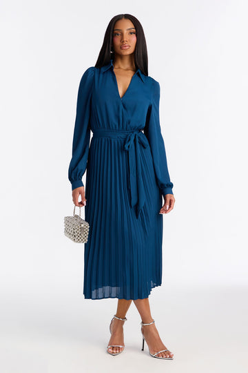 Ariella Tie Waist Pleated Midi Dress - Navy