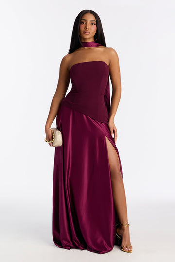 Marlene Scarf Satin Gown - Burgundy