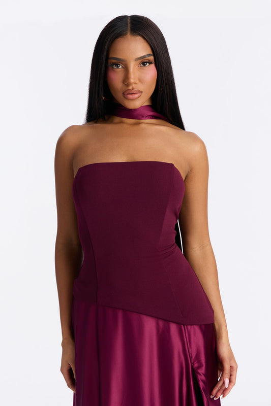 Marlene Scarf Satin Gown - Burgundy