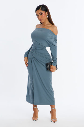 Aria Off Shoulder Draped Midi Dress - Slate Blue