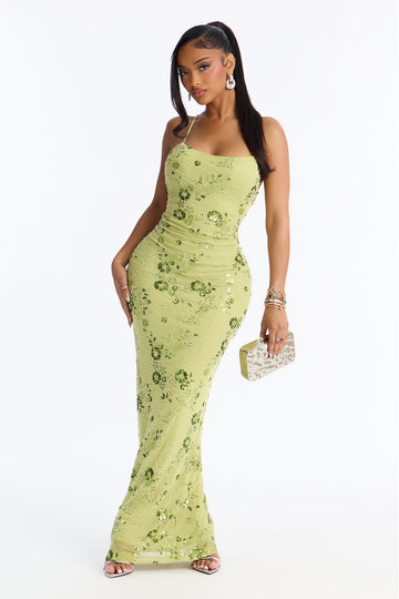 Ronnie Embellished Sequin Gown - Chartreuse