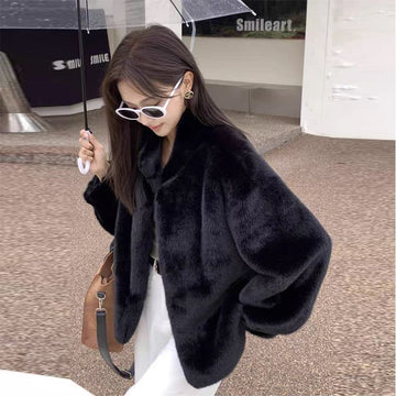 Womens Stylish Loose-fitting Fur-trimmed Collar Coat
